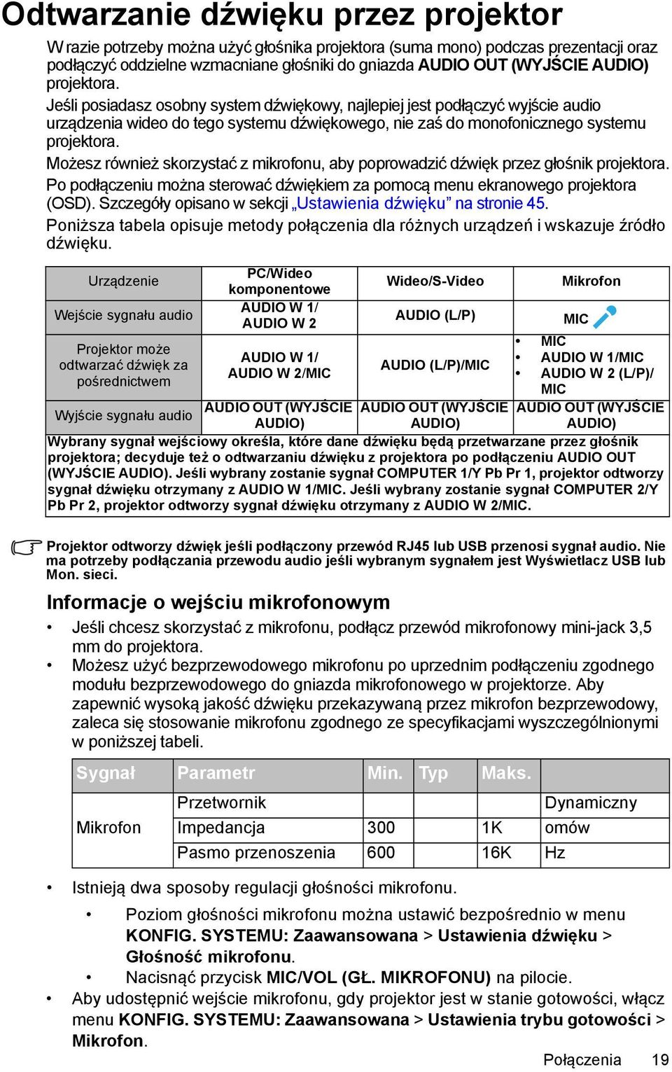 Możesz również skorzystać z mikrofonu, aby poprowadzić dźwięk przez głośnik projektora. Po podłączeniu można sterować dźwiękiem za pomocą menu ekranowego projektora (OSD).