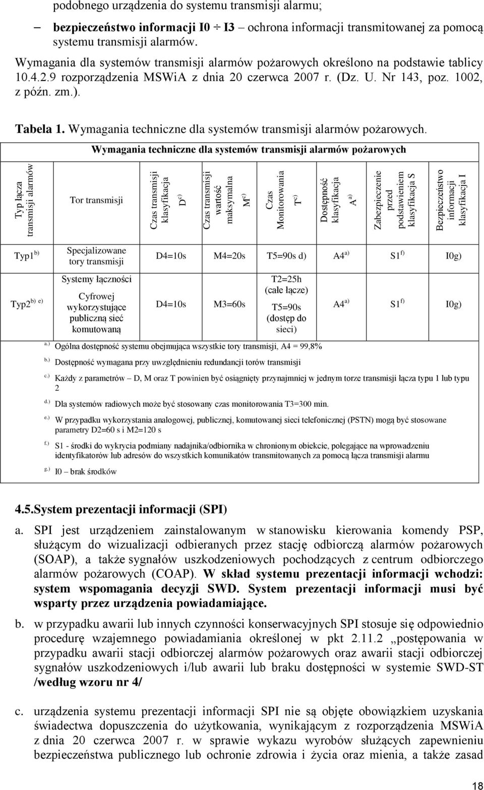 transmisji alarmów. Wymagania dla systemów transmisji alarmów pożarowych określono na podstawie tablicy 10.4.2.9 rozporządzenia MSWiA z dnia 20 czerwca 2007 r. (Dz. U. Nr 143, poz. 1002, z późn. zm.).