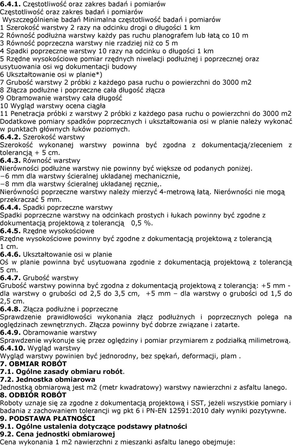 długości 1 km 2 Równość podłużna warstwy każdy pas ruchu planografem lub łatą co 10 m 3 Równość poprzeczna warstwy nie rzadziej niż co 5 m 4 Spadki poprzeczne warstwy 10 razy na odcinku o długości 1