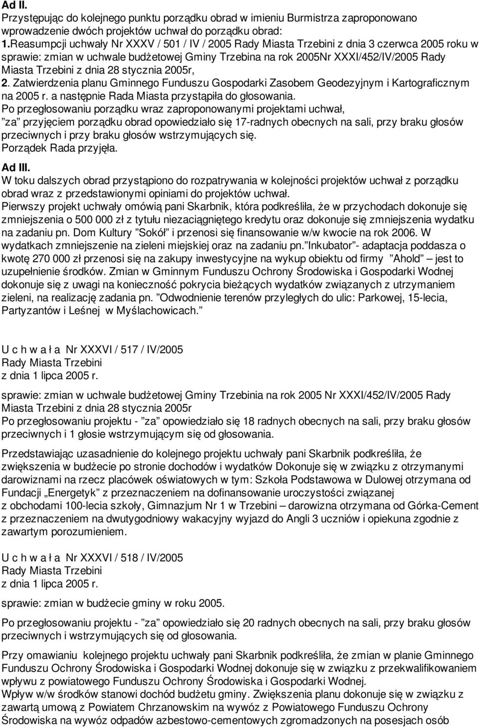 2005r, 2. Zatwierdzenia planu Gminnego Funduszu Gospodarki Zasobem Geodezyjnym i Kartograficznym na 2005 r. a następnie Rada Miasta przystąpiła do głosowania.