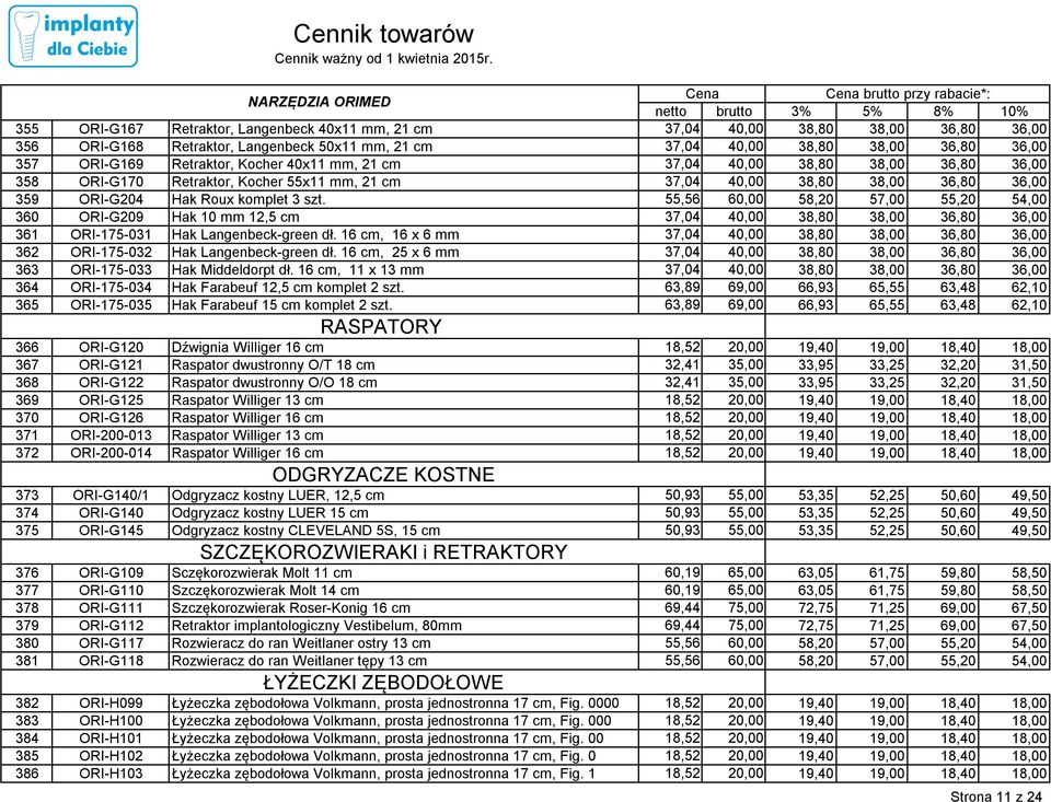 16 cm, 25 x 6 mm 363 ORI-175-033 Hak Middeldorpt dł. 16 cm, 11 x 13 mm 364 ORI-175-034 Hak Farabeuf 12,5 cm komplet 2 szt.