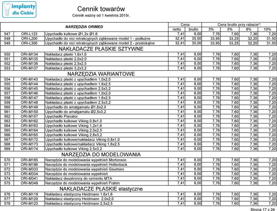 NARZĘDZIA WARIANTOWE 554 ORI-M143 Nakładacz płaski z upychadłem 1,0x2,0 555 ORI-M144 Nakładacz płaski z upychadłem 1,6x2,5 556 ORI-M145 Nakładacz płaski z upychadłem 2,5x3,2 557 ORI-M146 Nakładacz