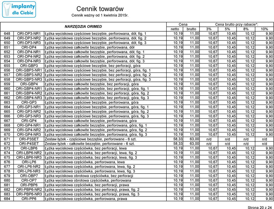 3 651 ORI-DP4 Łyżka wyciskowa całkowite bezzębie, perforowana, dół 652 ORI-DP4-NR1 Łyżka wyciskowa całkowite bezzębie, perforowana, dół, fig.