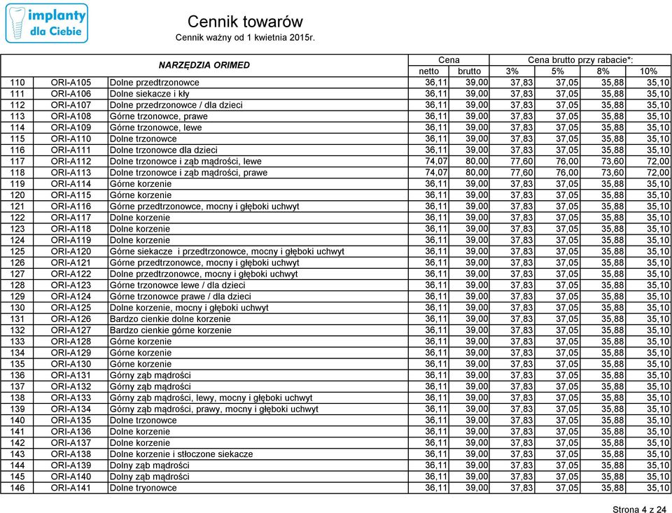 Górne korzenie 120 ORI-A115 Górne korzenie 121 ORI-A116 Górne przedtrzonowce, mocny i głęboki uchwyt 122 ORI-A117 Dolne korzenie 123 ORI-A118 Dolne korzenie 124 ORI-A119 Dolne korzenie 125 ORI-A120