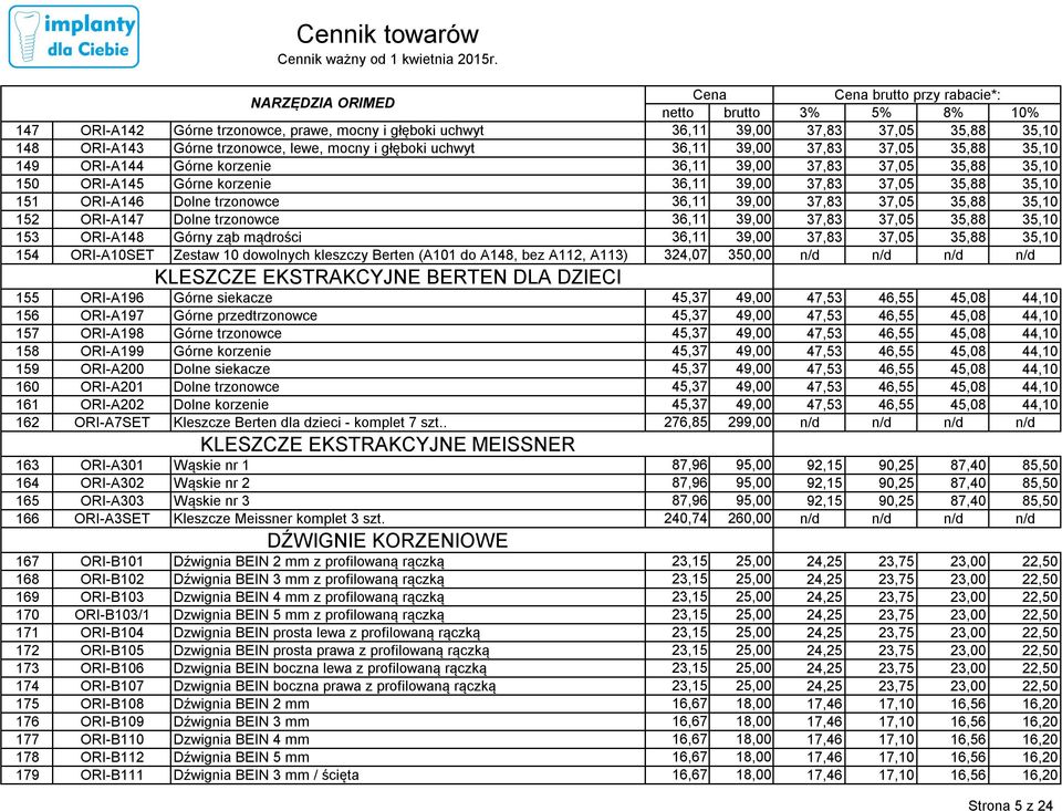 n/d KLESZCZE EKSTRAKCYJNE BERTEN DLA DZIECI 155 ORI-A196 Górne siekacze 45,37 49,00 47,53 46,55 45,08 44,10 156 ORI-A197 Górne przedtrzonowce 45,37 49,00 47,53 46,55 45,08 44,10 157 ORI-A198 Górne