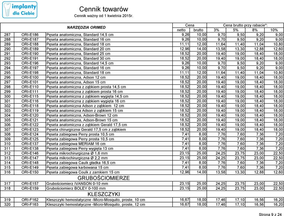 anatomiczna, Standard 14,5 cm 9,26 10,00 9,70 9,50 9,20 9,00 294 ORI-E197 Pęseta anatomiczna, Standard 16 cm 9,26 10,00 9,70 9,50 9,20 9,00 295 ORI-E198 Pęseta anatomiczna, Standard 18 cm 296