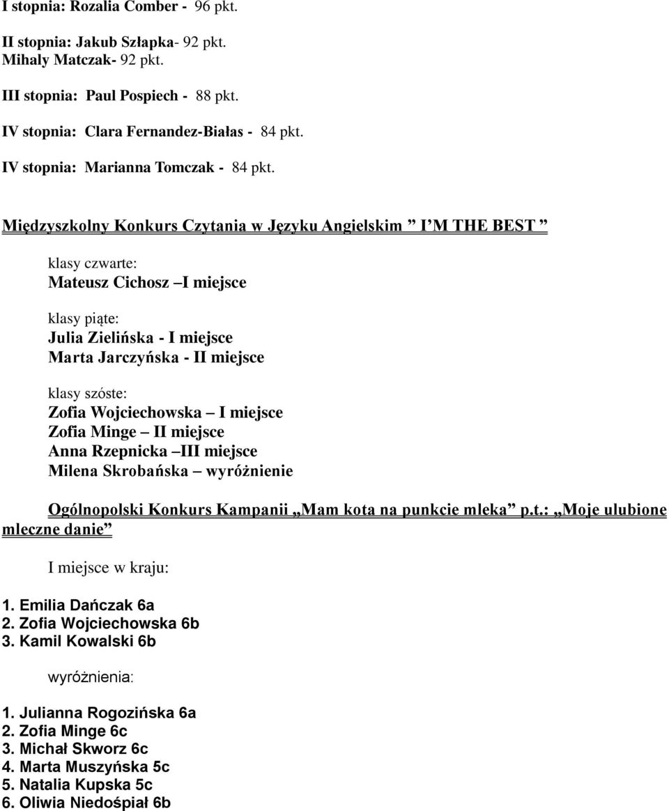 Międzyszkolny Konkurs Czytania w Języku Angielskim I M THE BEST klasy czwarte: Mateusz Cichosz I miejsce klasy piąte: Julia Zielińska - I miejsce Marta Jarczyńska - II miejsce klasy szóste: Zofia