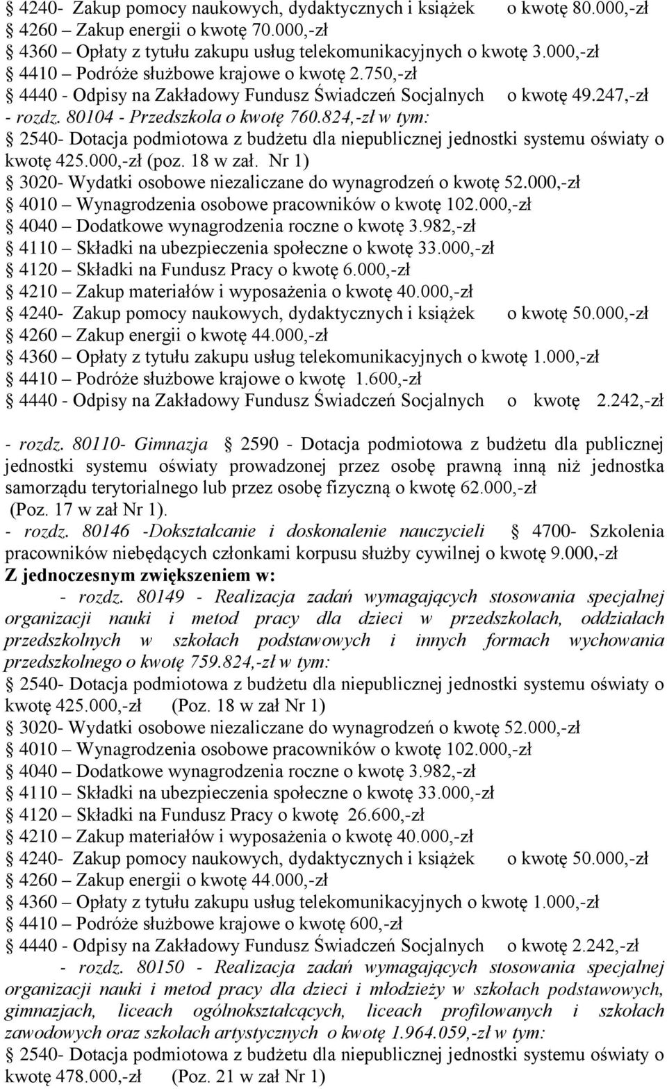 824,-zł w tym: 2540- Dotacja podmiotowa z budżetu dla niepublicznej jednostki systemu oświaty o kwotę 425.000,-zł (poz. 18 w zał. Nr 1) 3020- Wydatki osobowe niezaliczane do wynagrodzeń o kwotę 52.