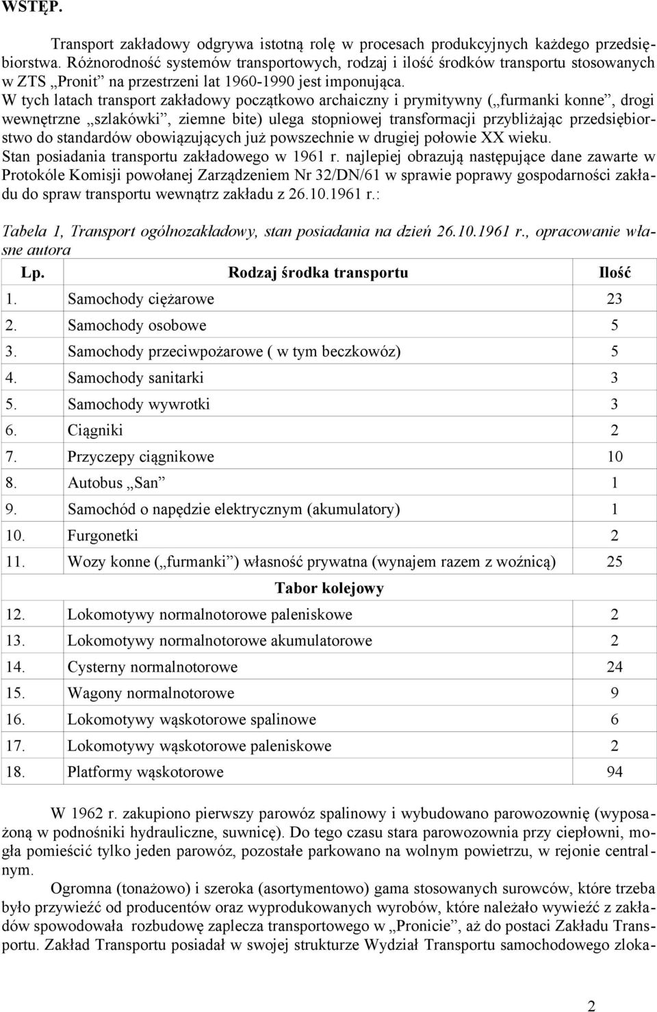 W tych latach transport zakładowy początkowo archaiczny i prymitywny ( furmanki konne, drogi wewnętrzne szlakówki, ziemne bite) ulega stopniowej transformacji przybliżając przedsiębiorstwo do