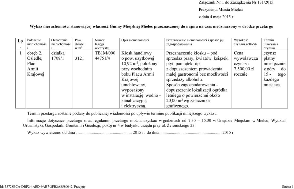 Osiedle, Plac Armii Krajowej Oznaczenie nieruchomośc i Pow. działki w m 2 działka 1708/1 3121 Numer Księgi wieczystej TB1M/000 44751/4 Opis nieruchomości Kiosk handlowy o pow.