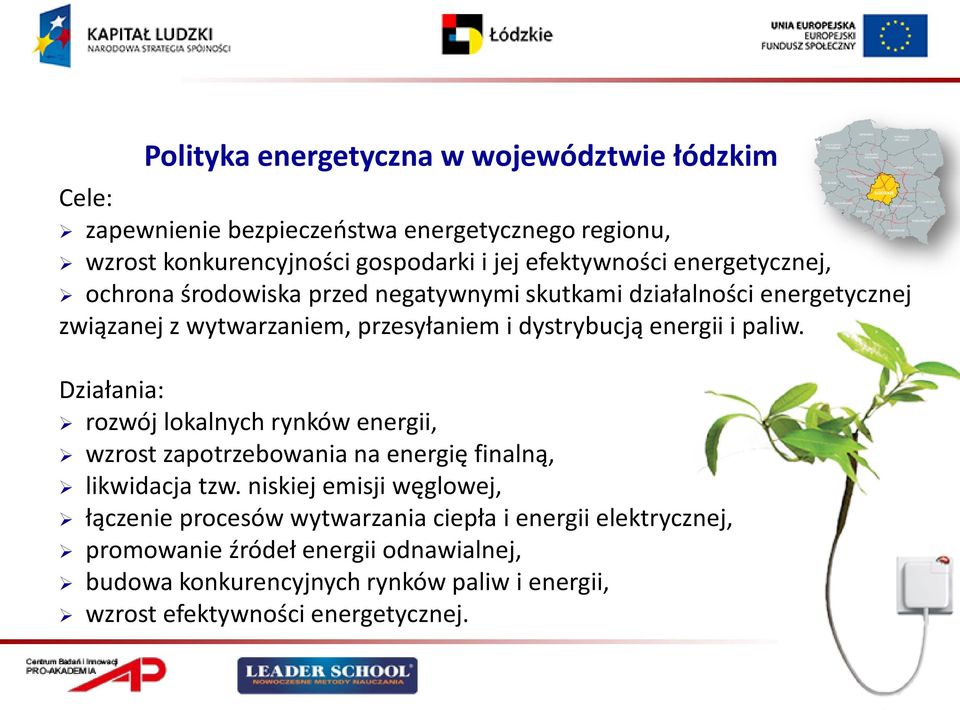 Działania: Polityka energetyczna w województwie łódzkim rozwój lokalnych rynków energii, wzrost zapotrzebowania na energię finalną, likwidacja tzw.