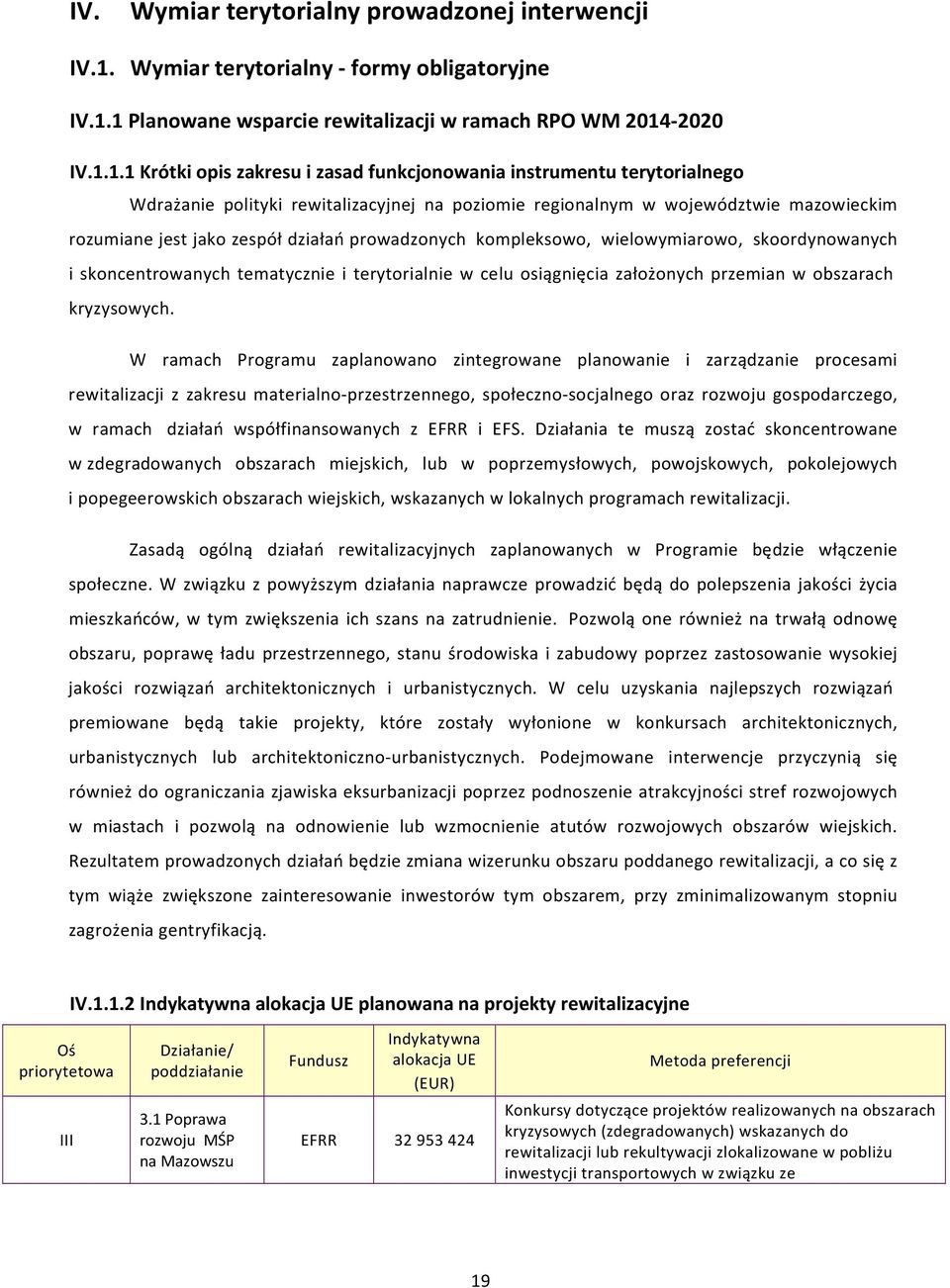 1 Planowane wsparcie rewitalizacji w ramach RPO WM 2014-2020 IV.1.1.1 Krótki opis zakresu i zasad funkcjonowania instrumentu terytorialnego Wdrażanie polityki rewitalizacyjnej na poziomie regionalnym