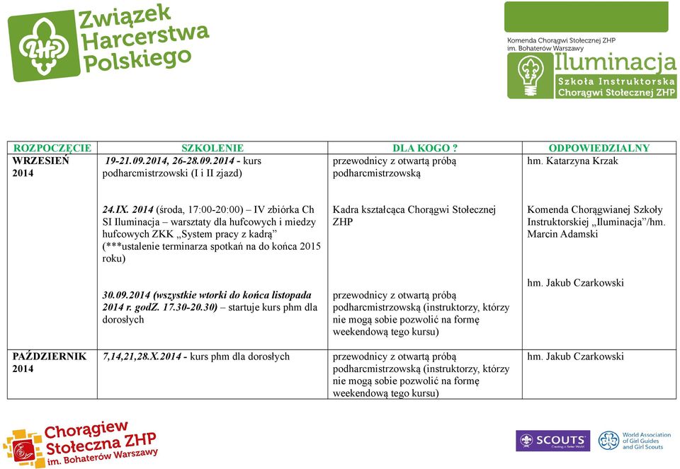 Chorągwi Stołecznej ZHP Komenda Chorągwianej Szkoły Instruktorskiej Iluminacja /hm. Marcin Adamski 30.09. (wszystkie wtorki do końca listopada r. godz. 17.30-20.