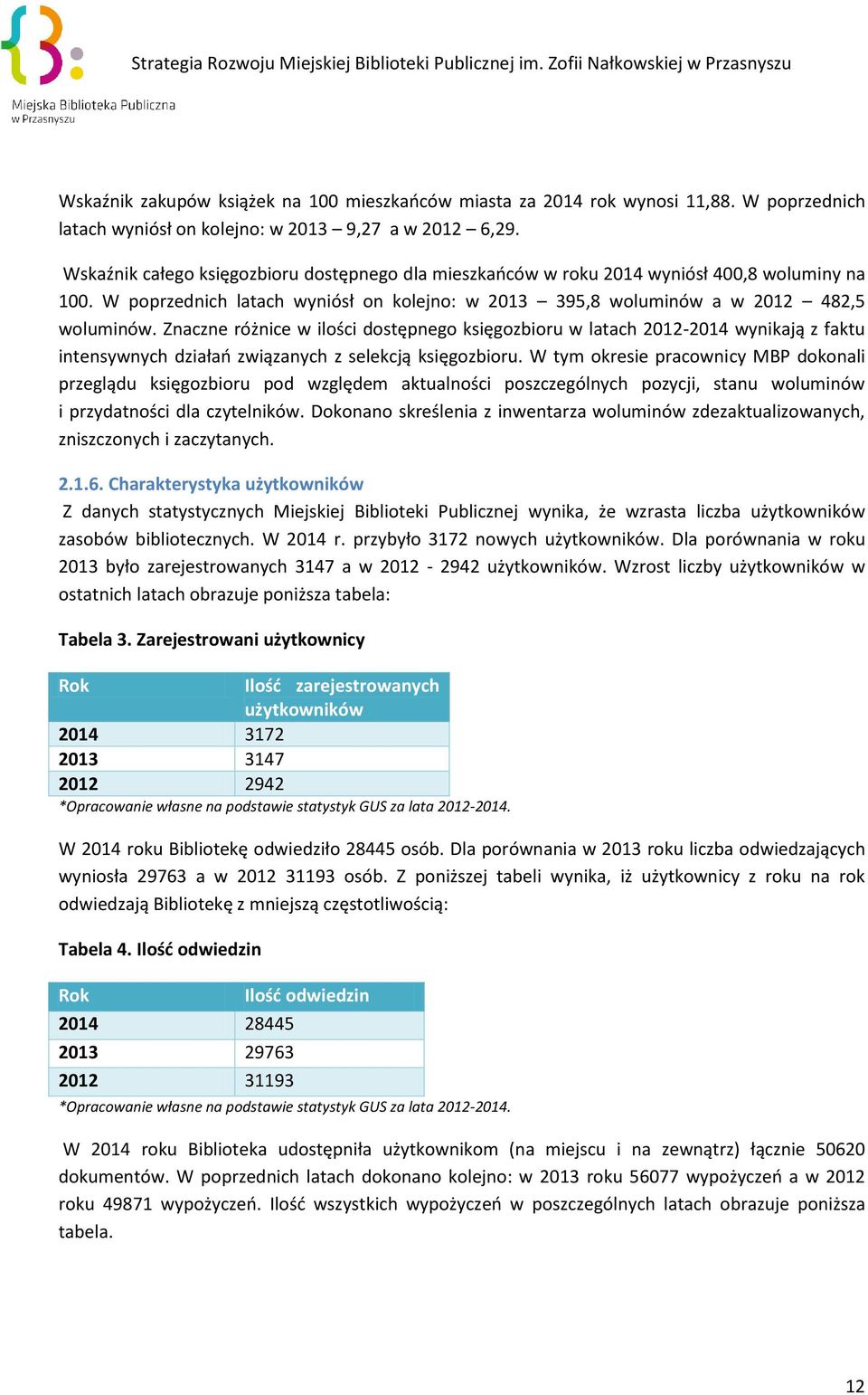 Znaczne różnice w ilości dostępnego księgozbioru w latach 2012-2014 wynikają z faktu intensywnych działań związanych z selekcją księgozbioru.