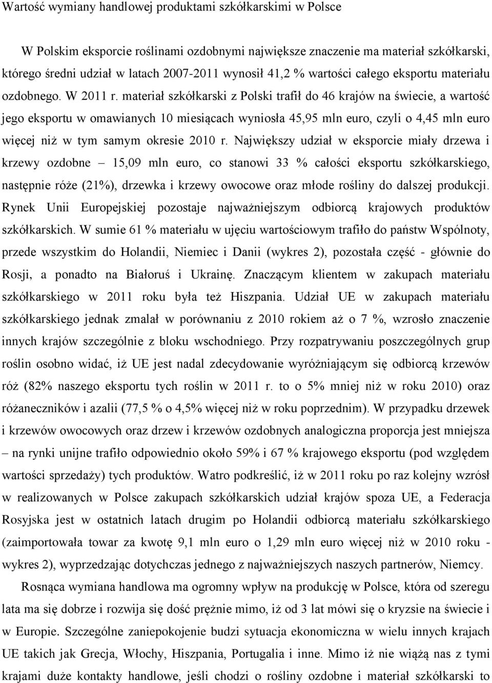 materiał szkółkarski z Polski trafił do 46 krajów na świecie, a wartość jego eksportu w omawianych 10 miesiącach wyniosła 45,95 mln euro, czyli o 4,45 mln euro więcej niż w tym samym okresie 2010 r.