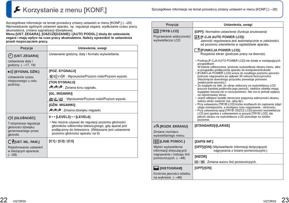 ] służą do ustawiania zegara i mają wpływ na czas pracy akumulatora. Należy sprawdzić te ustawienia przed rozpoczęciem pracy. Pozycja [UST. ZEGARA] Ustawienia daty i godziny. ( 17, 19) [SYGNAŁ DŹW.
