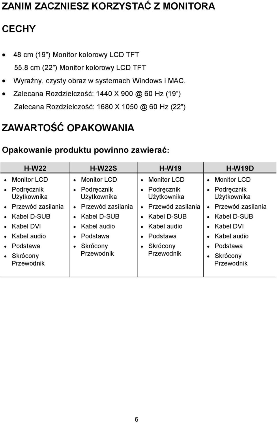 Monitor LCD Monitor LCD Monitor LCD Podręcznik Użytkownika Przewód zasilania Kabel D-SUB Kabel DVI Kabel audio Podstawa Skrócony Przewodnik Podręcznik Użytkownika Przewód zasilania Kabel D-SUB Kabel