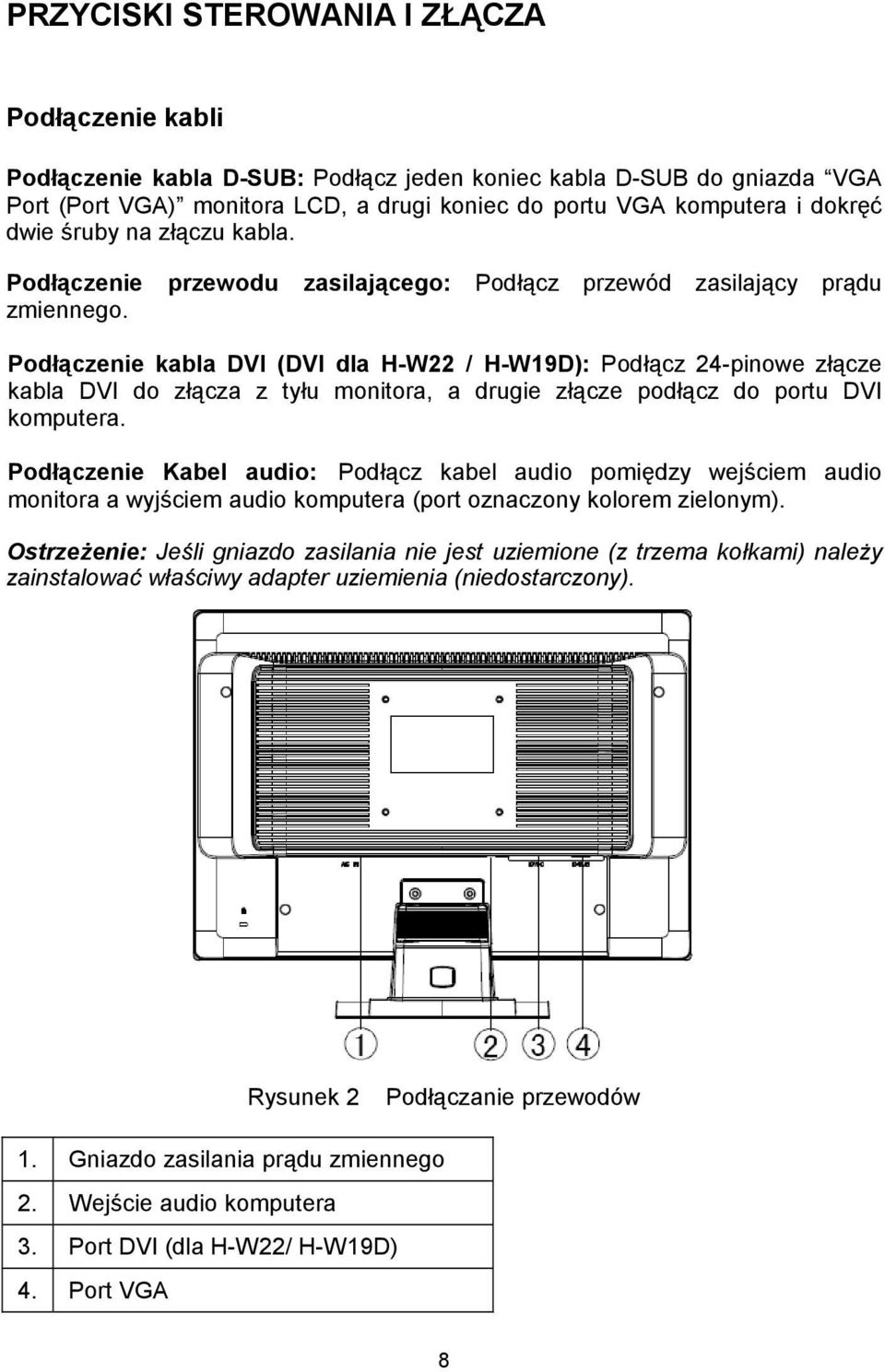 Podłączenie kabla DVI (DVI dla H-W22 / H-W19D): Podłącz 24-pinowe złącze kabla DVI do złącza z tyłu monitora, a drugie złącze podłącz do portu DVI komputera.