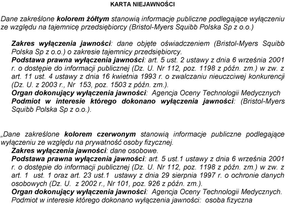 ) w zw. z art. 11 ust. 4 ustawy z dnia 16 kwietnia 1993 r. o zwalczaniu nieuczciwej konkurencji (Dz. U. z 2003 r., Nr 153, poz. 1503 z późn. zm.). Organ dokonujący wyłączenia jawności: Agencja Oceny Technologii Medycznych Podmiot w interesie którego dokonano wyłączenia jawności: (Bristol-Myers Squibb Polska Sp z o.