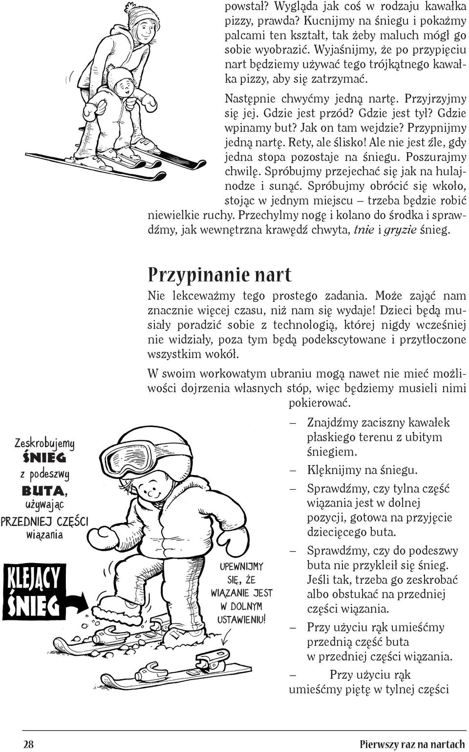 Gdzie wpinamy but? Jak on tam wejdzie? Przypnijmy jedną nartę. Rety, ale ślisko! Ale nie jest źle, gdy jedna stopa pozostaje na śniegu. Poszurajmy chwilę.