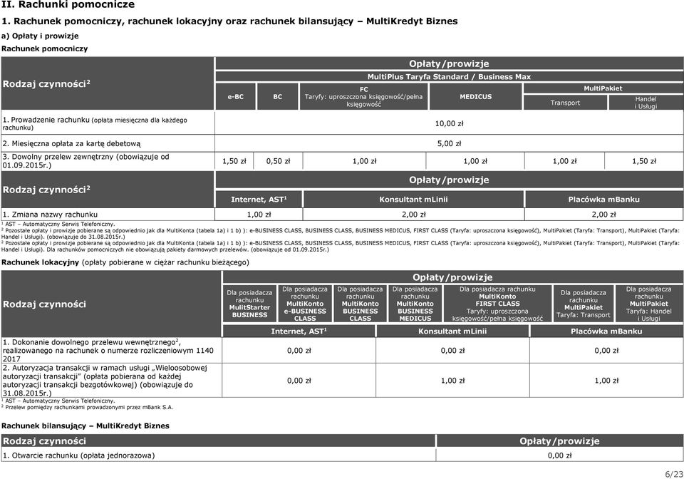 Taryfa Standard / Business Max MEDICUS Transport MultiPakiet Handel i Usługi. Prowadzenie rachunku (opłata miesięczna dla każdego rachunku). Miesięczna opłata za kartę debetową 5,00 zł.