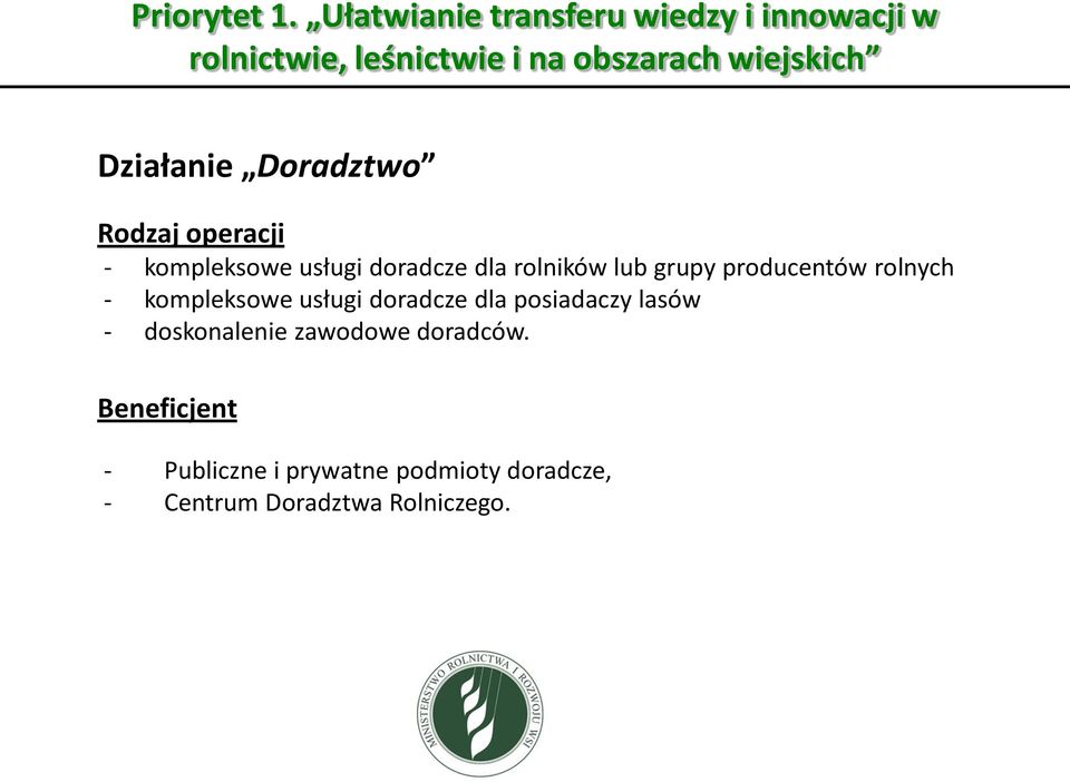 Działanie Doradztwo Rodzaj operacji - kompleksowe usługi doradcze dla rolników lub grupy