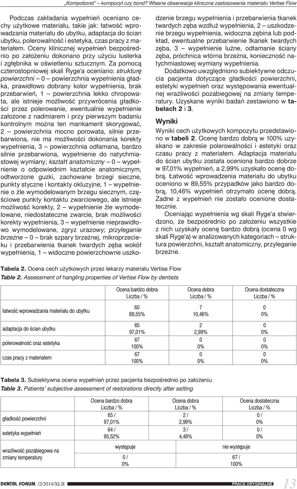 ubytku, polerowalność i estetyka, czas pracy z materiałem. Oceny klinicznej wypełnień bezpośrednio po założeniu dokonano przy użyciu lusterka i zgłębnika w oświetleniu sztucznym.