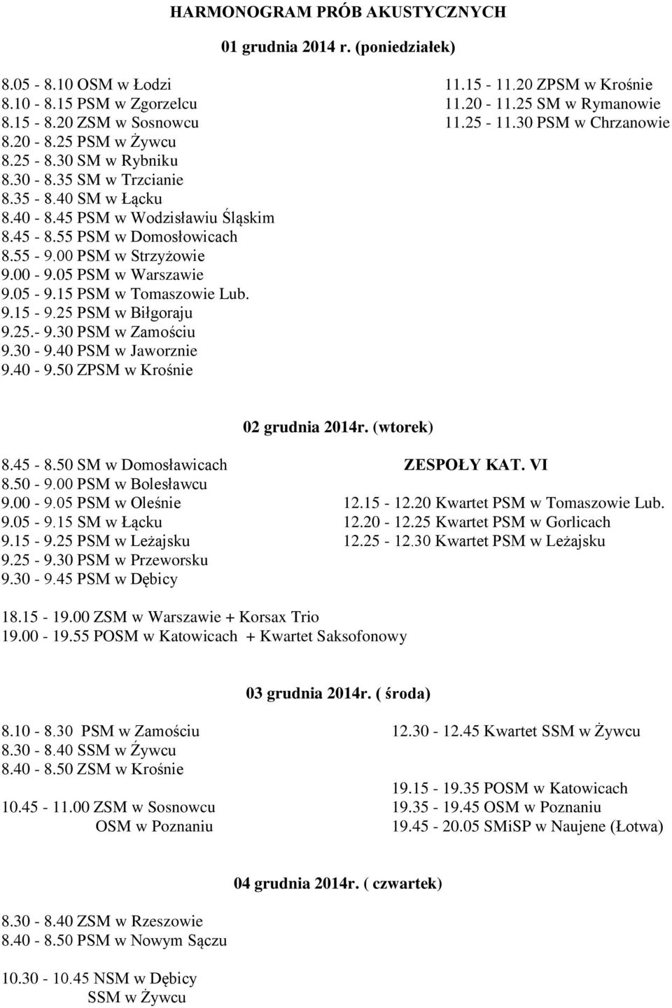 00 PSM w Strzyżowie 9.00-9.05 PSM w Warszawie 9.05-9.15 PSM w Tomaszowie Lub. 9.15-9.25 PSM w Biłgoraju 9.25.- 9.30 PSM w Zamościu 9.30-9.40 PSM w Jaworznie 9.40-9.50 ZPSM w Krośnie 02 grudnia 2014r.