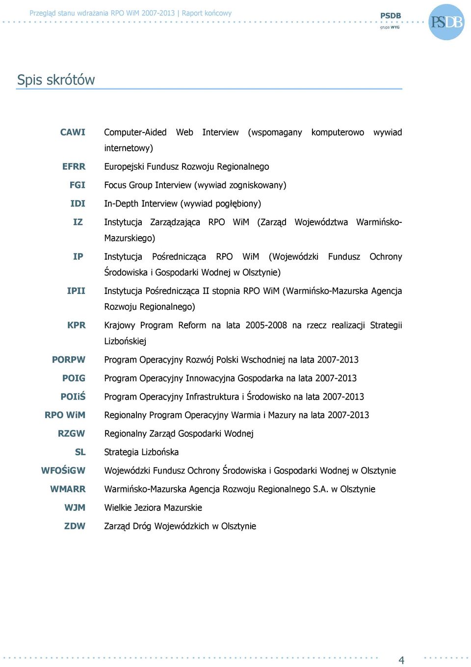 Środowiska i Gospodarki Wodnej w Olsztynie) Instytucja Pośrednicząca II stopnia RPO WiM (Warmińsko-Mazurska Agencja Rozwoju Regionalnego) Krajowy Program Reform na lata 2005-2008 na rzecz realizacji