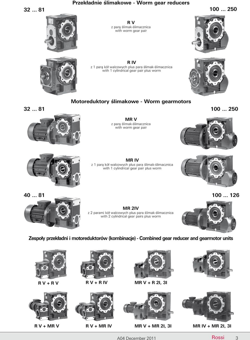 gearmotors 32... 81 100... 250 MR V z parą ślimak-ślimacznica with worm gear pair MR IV z 1 parą kół walcowych plus para ślimak-ślimacznica with 1 cylindrical gear pair plus worm 40.