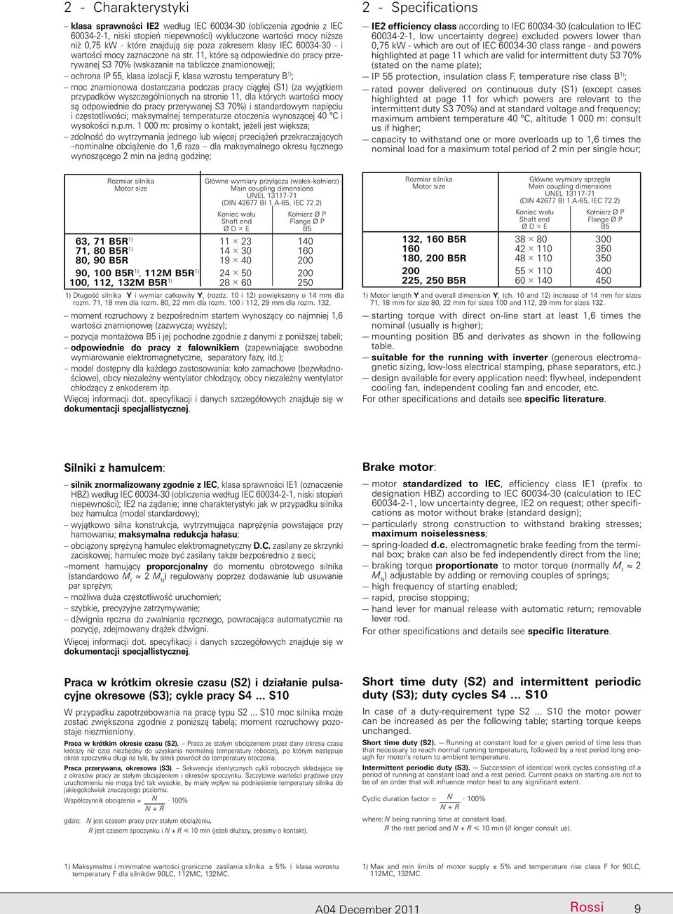 11, które są odpowiednie do pracy przerywanej S3 70% (wskazanie na tabliczce znamionowej); ochrona IP 55, klasa izolacji F, klasa wzrostu temperatury B 1) ; moc znamionowa dostarczana podczas pracy