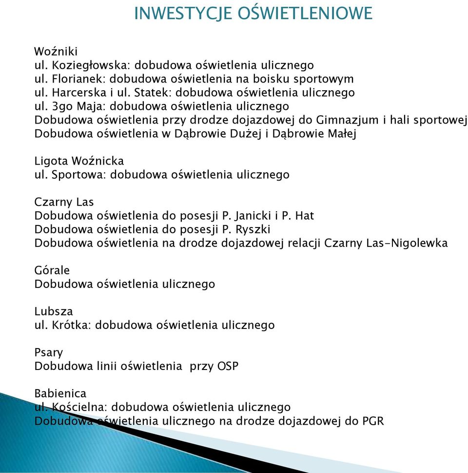 Sportowa: dobudowa oświetlenia ulicznego Czarny Las Dobudowa oświetlenia do posesji P. Janicki i P. Hat Dobudowa oświetlenia do posesji P.