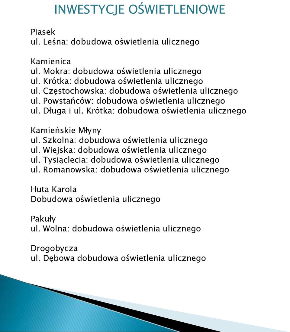 Krótka: dobudowa oświetlenia ulicznego Kamieńskie Młyny ul. Szkolna: dobudowa oświetlenia ulicznego ul. Wiejska: dobudowa oświetlenia ulicznego ul.