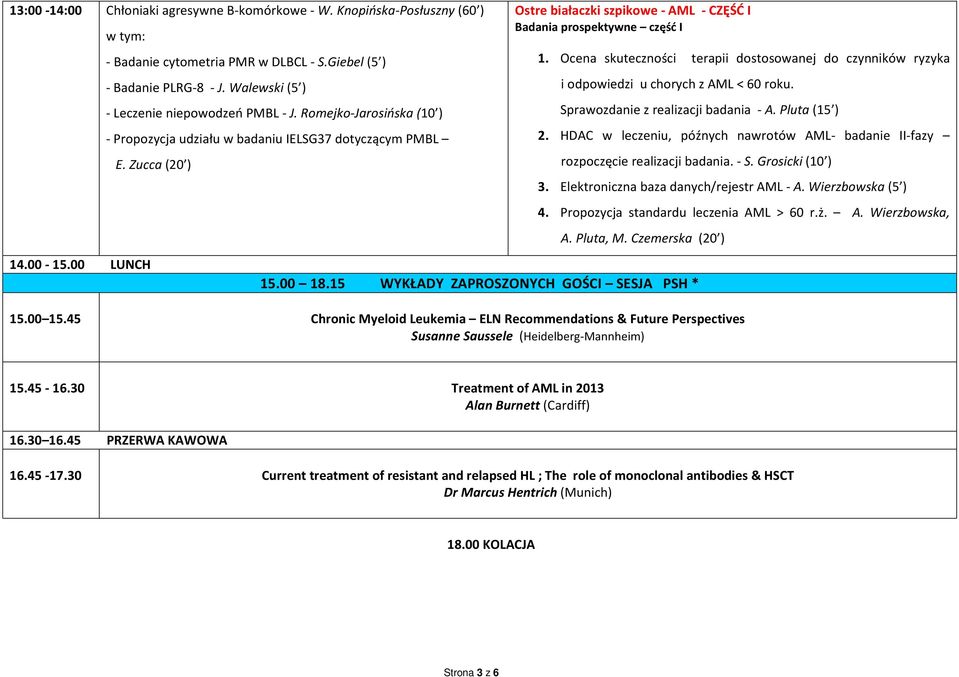 Zucca (20 ) Ostre białaczki szpikowe - AML - CZĘŚĆ I Badania prospektywne część I 1. Ocena skuteczności terapii dostosowanej do czynników ryzyka i odpowiedzi u chorych z AML < 60 roku.