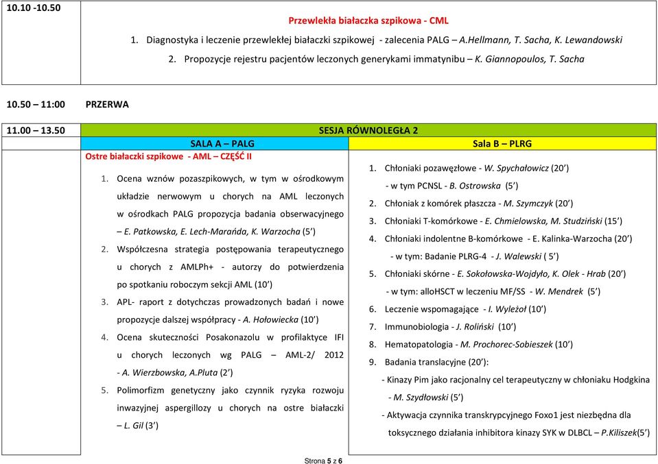 50 SESJA RÓWNOLEGŁA 2 SALA A PALG Sala B PLRG Ostre białaczki szpikowe - AML CZĘŚĆ II 1. Chłoniaki pozawęzłowe - W. Spychałowicz (20 ) 1.