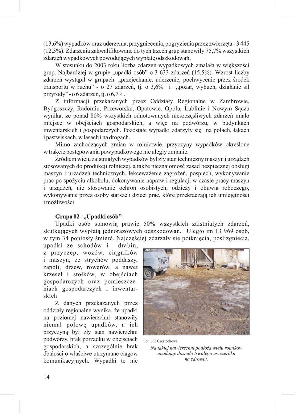 W stosunku do 2003 roku liczba zdarzeń wypadkowych zmalała wwiększości grup. Najbardziej w grupie upadki osób o 3 633 zdarzeń (15,5%).