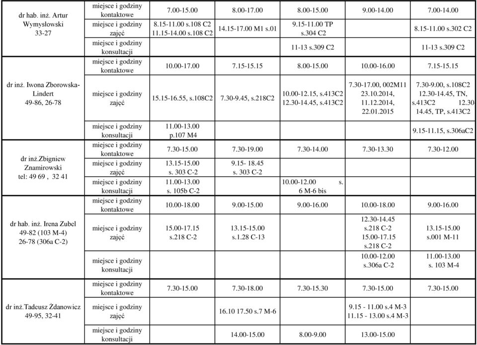 45, s.413c2 7.30-17.00, 002M11 23.10.2014, 11.12.2014, 22.01.2015 7.30-9.00, s.108c2 12.30-14.45, TN, s.413c2 12.30-14.45, TP, s.413c2 dr inż.zbigniew Znamirowski tel: 49 69, 32 41 dr hab. inż. Irena Zubel 49-82 (103 M-4) 26-78 (306a C-2) p.