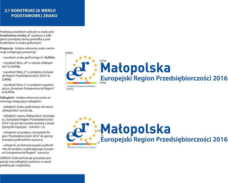 Europejski Region Przedsiębiorczości 2016 to 2,565a, - wysokość litery E w podpisie wyjaśniającym to 0,757a.