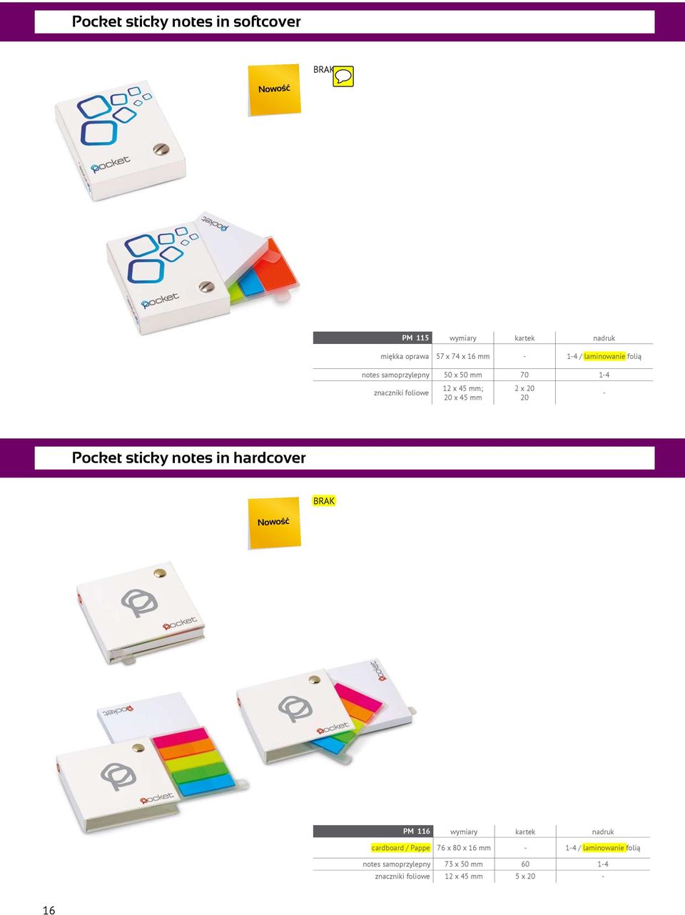 20 20 Pocket sticky notes in hardcover BRAK Nowość PM 116 wymiary kartek nadruk cardboard / Pappe 76 x