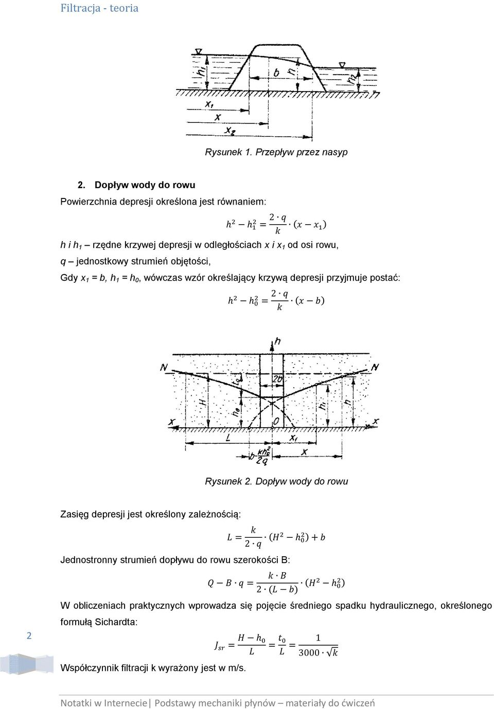 strumień objętości, Gdy x 1 = b, h 1 = h 0, wówczas wzór oreślający rzywą depresji przyjmuje postać: h h = 2 q (x b) Rysune 2.