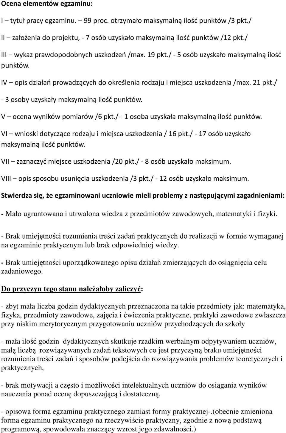 / - 3 osoby uzyskały maksymalną ilość punktów. V ocena wyników pomiarów /6 pkt./ - 1 osoba uzyskała maksymalną ilość punktów. VI wnioski dotyczące rodzaju i miejsca uszkodzenia / 16 pkt.