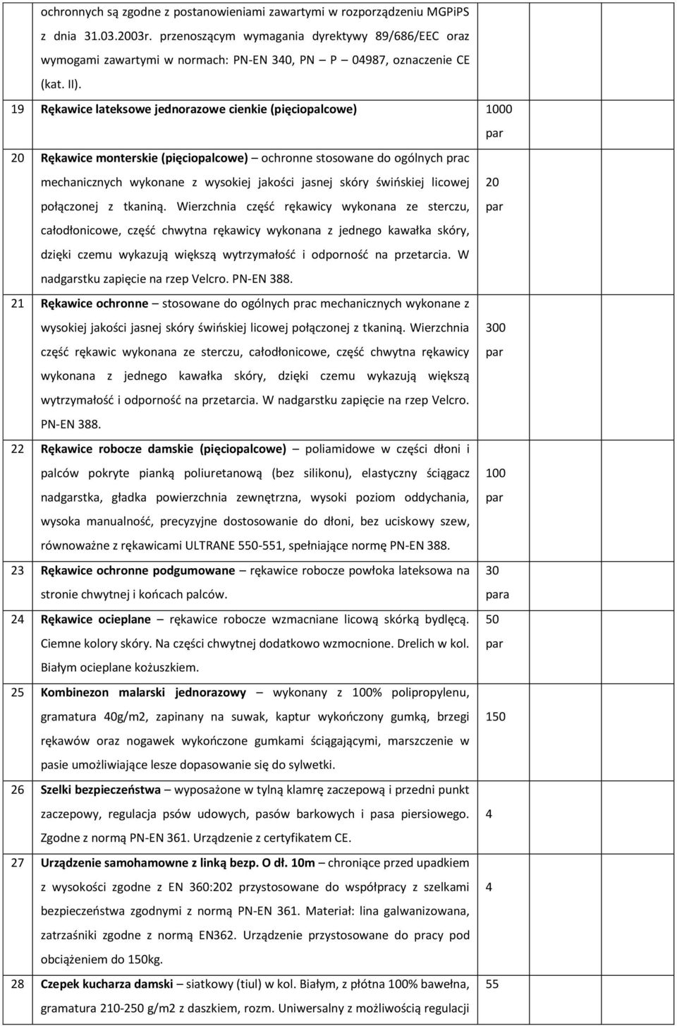 19 Rękawice lateksowe jednorazowe cienkie (pięciopalcowe) 1000 par 0 Rękawice monterskie (pięciopalcowe) ochronne stosowane do ogólnych prac mechanicznych wykonane z wysokiej jakości jasnej skóry