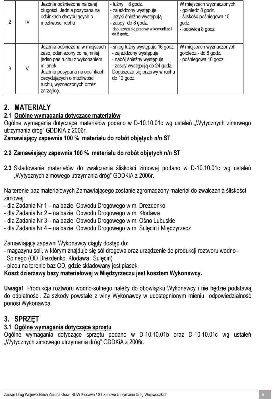 3 V Jezdnia odśnieżona w miejscach zasp, odśnieżony co najmniej jeden pas ruchu z wykonaniem mijanek. Jezdnia posypana na odcinkach decydujących o możliwości ruchu, wyznaczonych przez zarządcę.