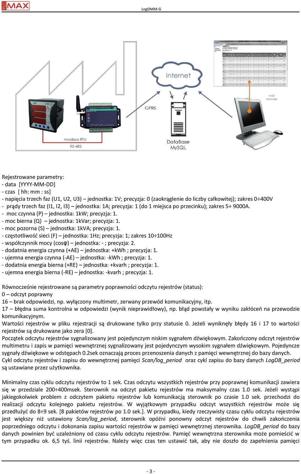 - moc pozorna (S) jednostka: 1kVA; precyzja: 1. - częstotliwośd sieci (F) jednostka: 1Hz; precyzja: 1; zakres 10 100Hz - współczynnik mocy (cosφ) jednostka: - ; precyzja: 2.