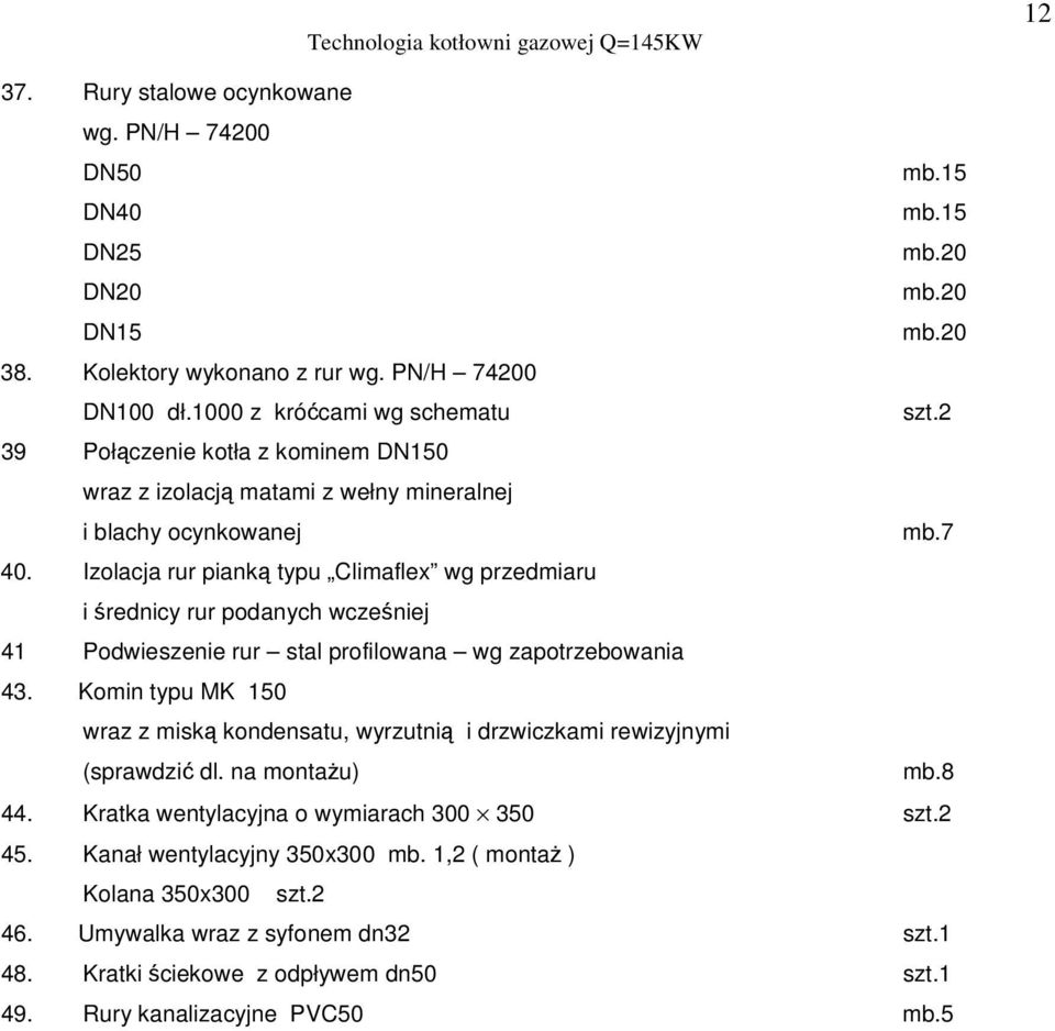 Izolacja rur piank typu Climaflex wg przedmiaru i rednicy rur podanych wczeniej 41 Podwieszenie rur stal profilowana wg zapotrzebowania 43.