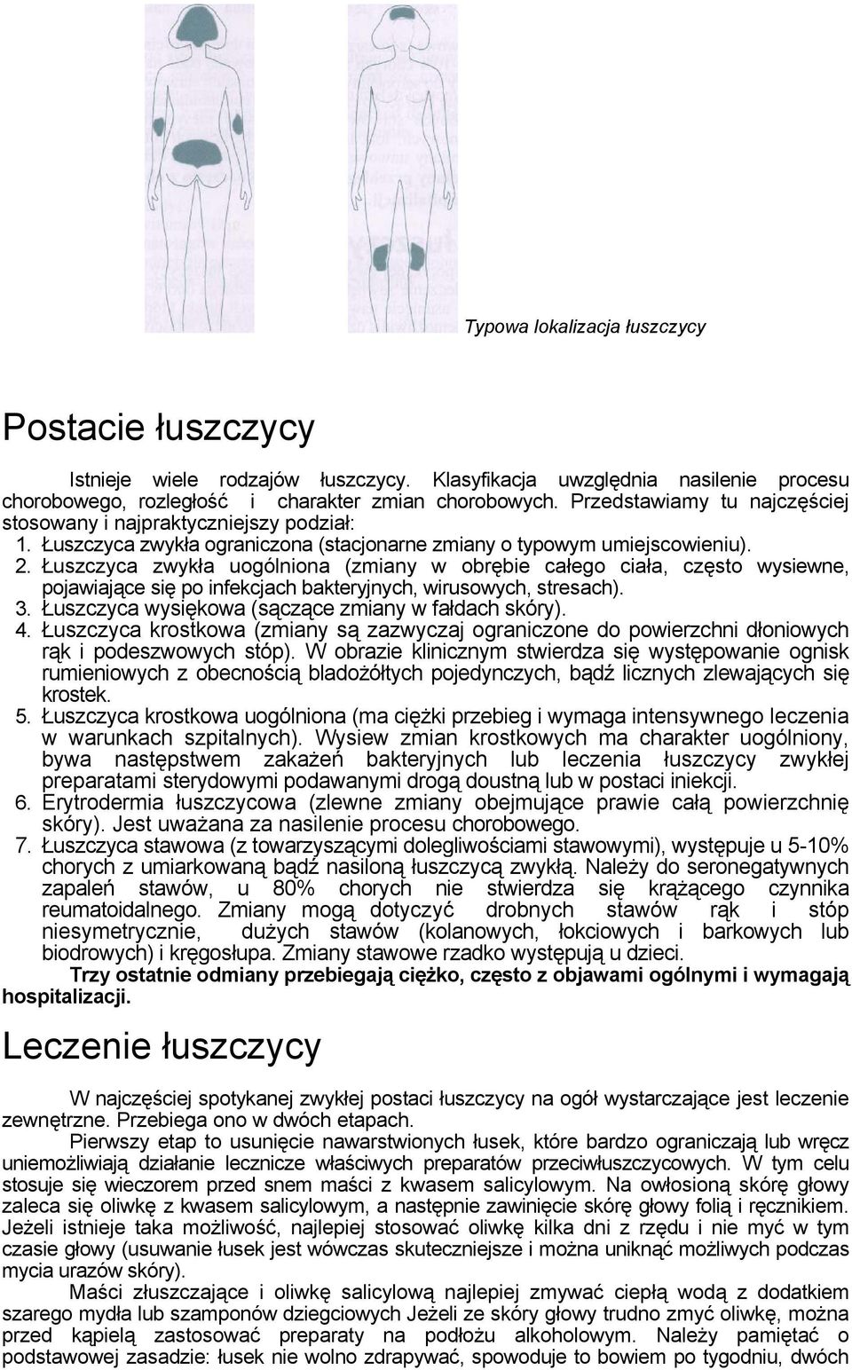 Łuszczyca zwykła uogólniona (zmiany w obrębie całego ciała, często wysiewne, pojawiające się po infekcjach bakteryjnych, wirusowych, stresach). 3. Łuszczyca wysiękowa (sączące zmiany w fałdach skóry).