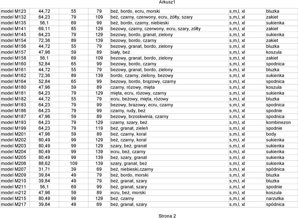 139 bezowy, bordo, czarny s,m,l, xl zakiet model M156 44,72 55 79 bezowy, granat, bordo, zielony s,m,l, xl bluzka model M157 47,96 59 89 biały, beż s,m,l, xl koszula model M158 56,1 69 109 bezowy,