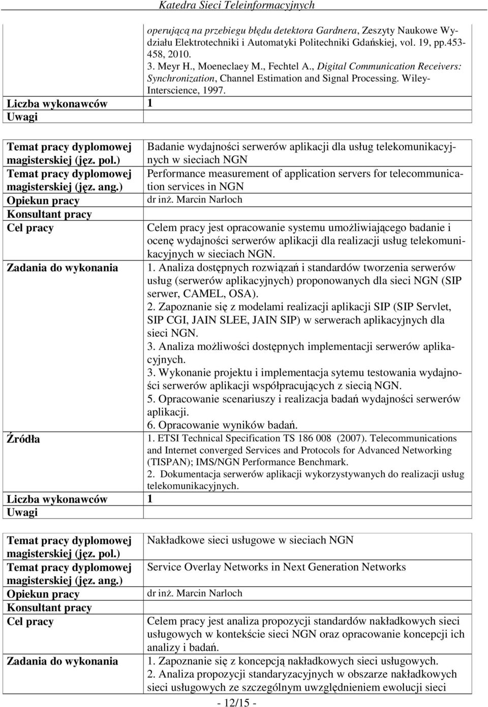 Badanie wydajności serwerów aplikacji dla usług telekomunikacyjnych w sieciach NGN Performance measurement of application servers for telecommunication services in NGN dr inŝ.