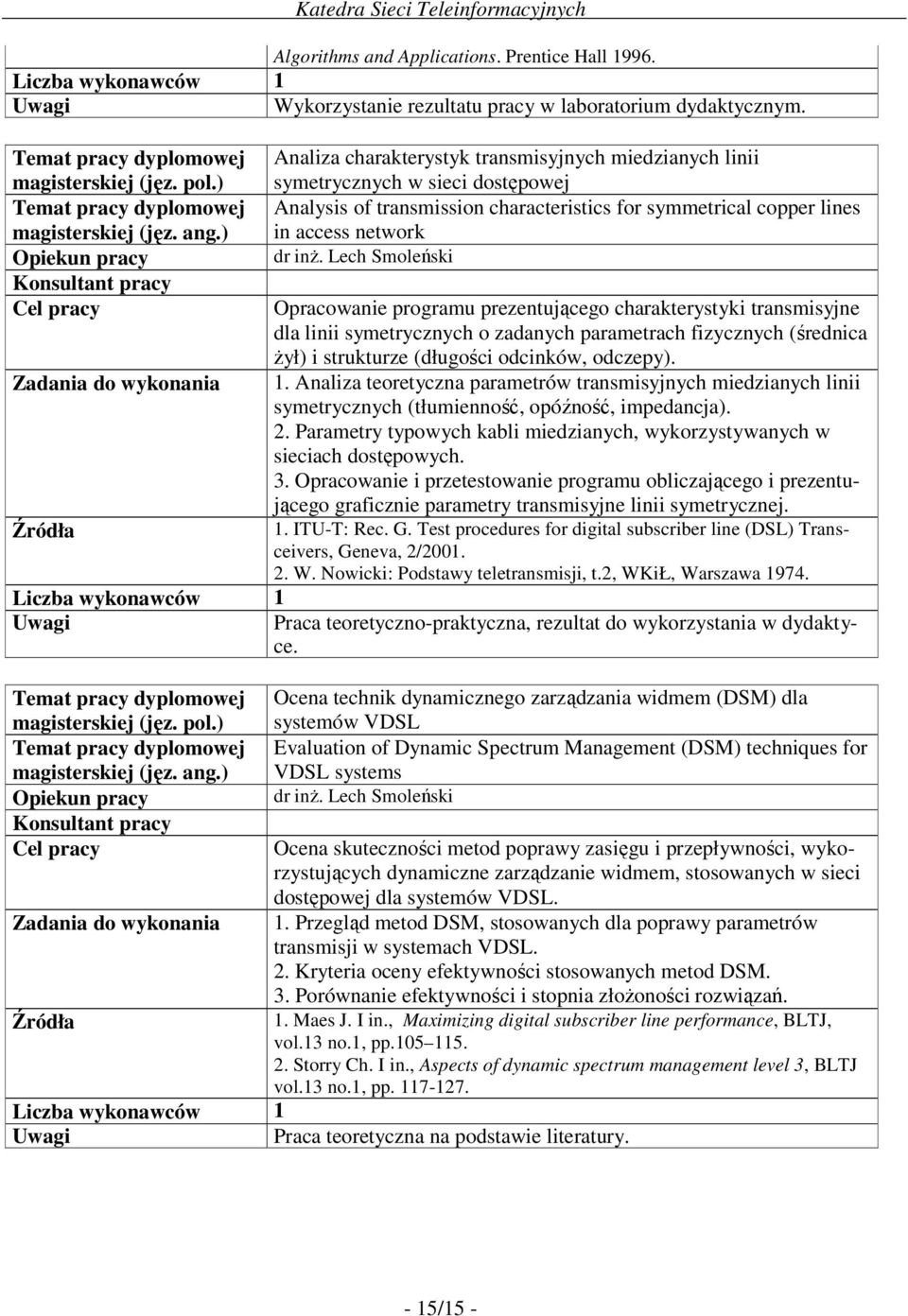 Lech Smoleński Opracowanie programu prezentującego charakterystyki transmisyjne dla linii symetrycznych o zadanych parametrach fizycznych (średnica Ŝył) i strukturze (długości odcinków, odczepy). 1.