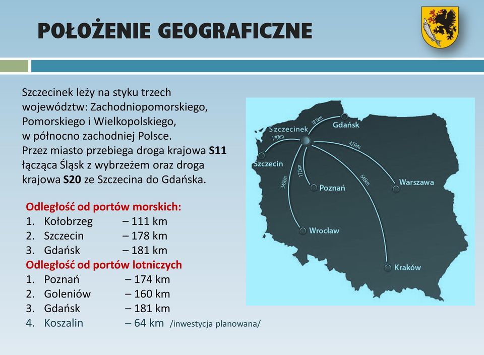 Przez miasto przebiega droga krajowa S11 łącząca Śląsk z wybrzeżem oraz droga krajowa S20 ze Szczecina do Gdańska.